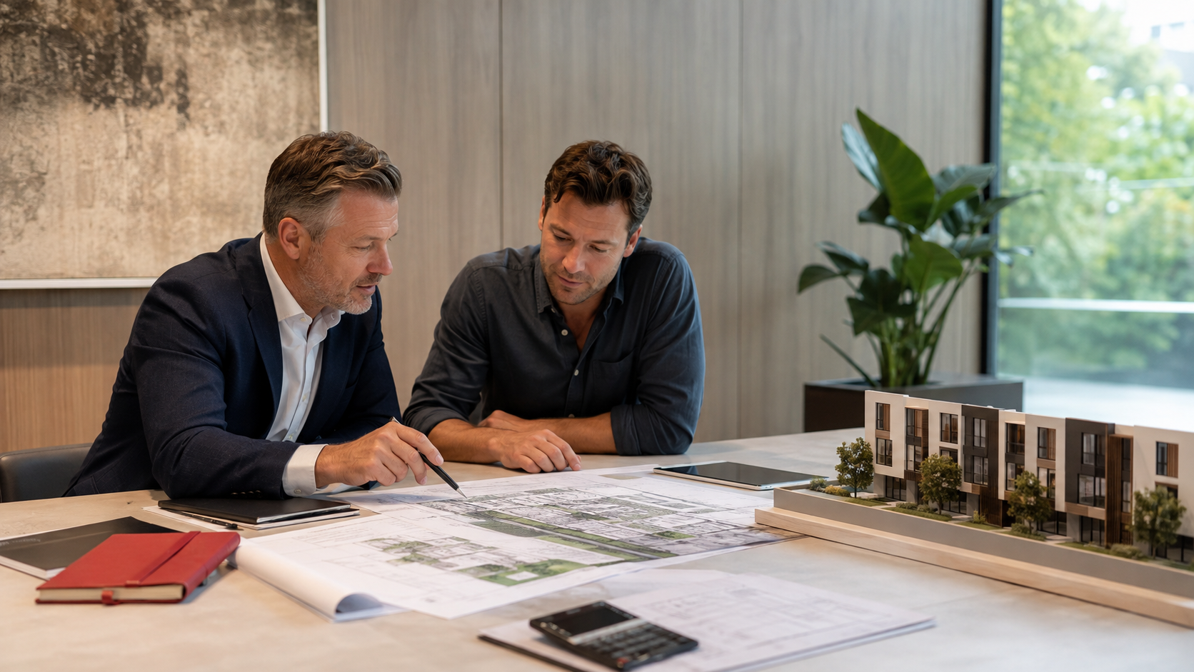 A development advisor reviewing feasibility plans and a townhouse model with a landowner
