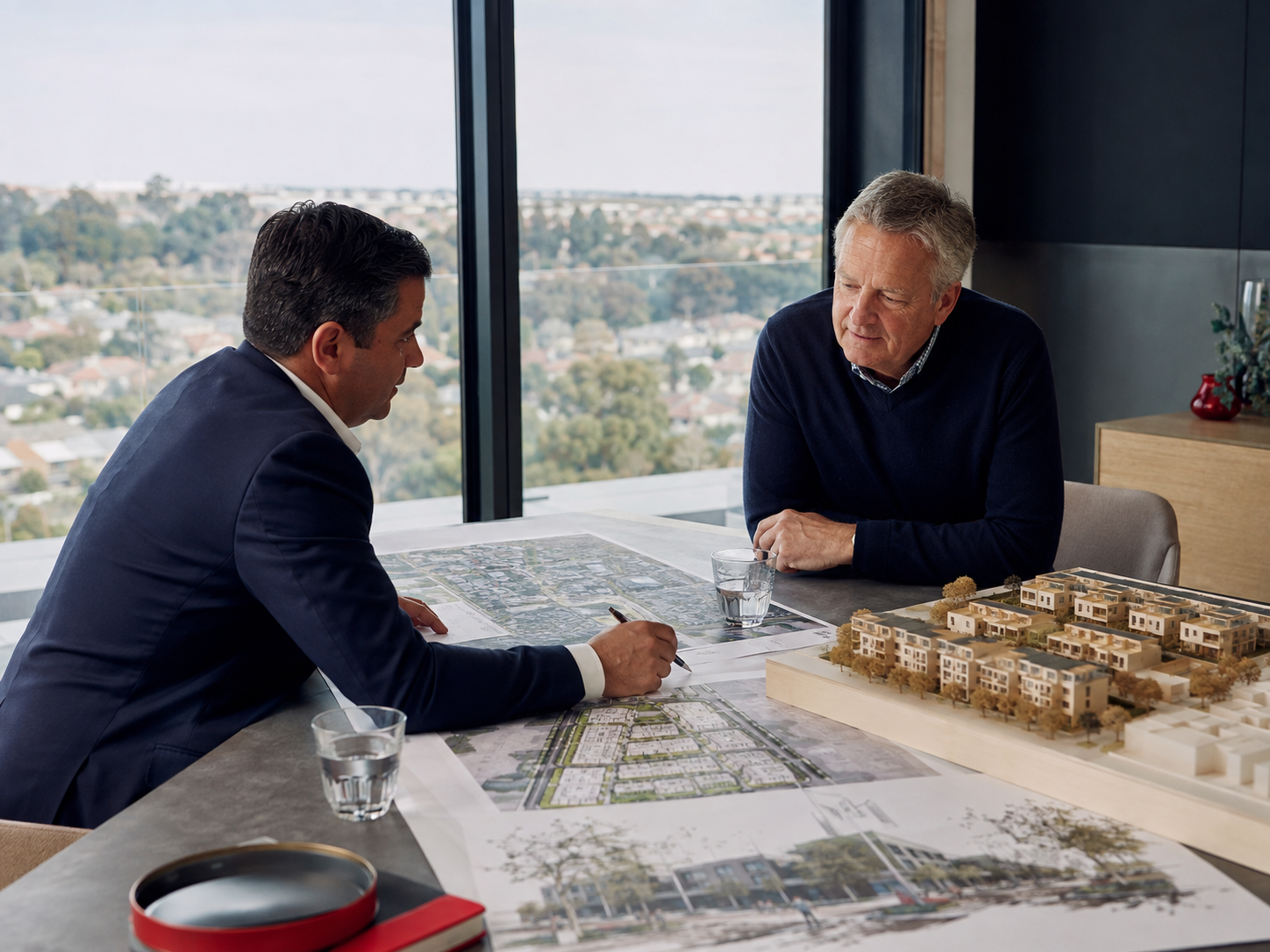 Property advisor and landowner assessing plans and a residential project model