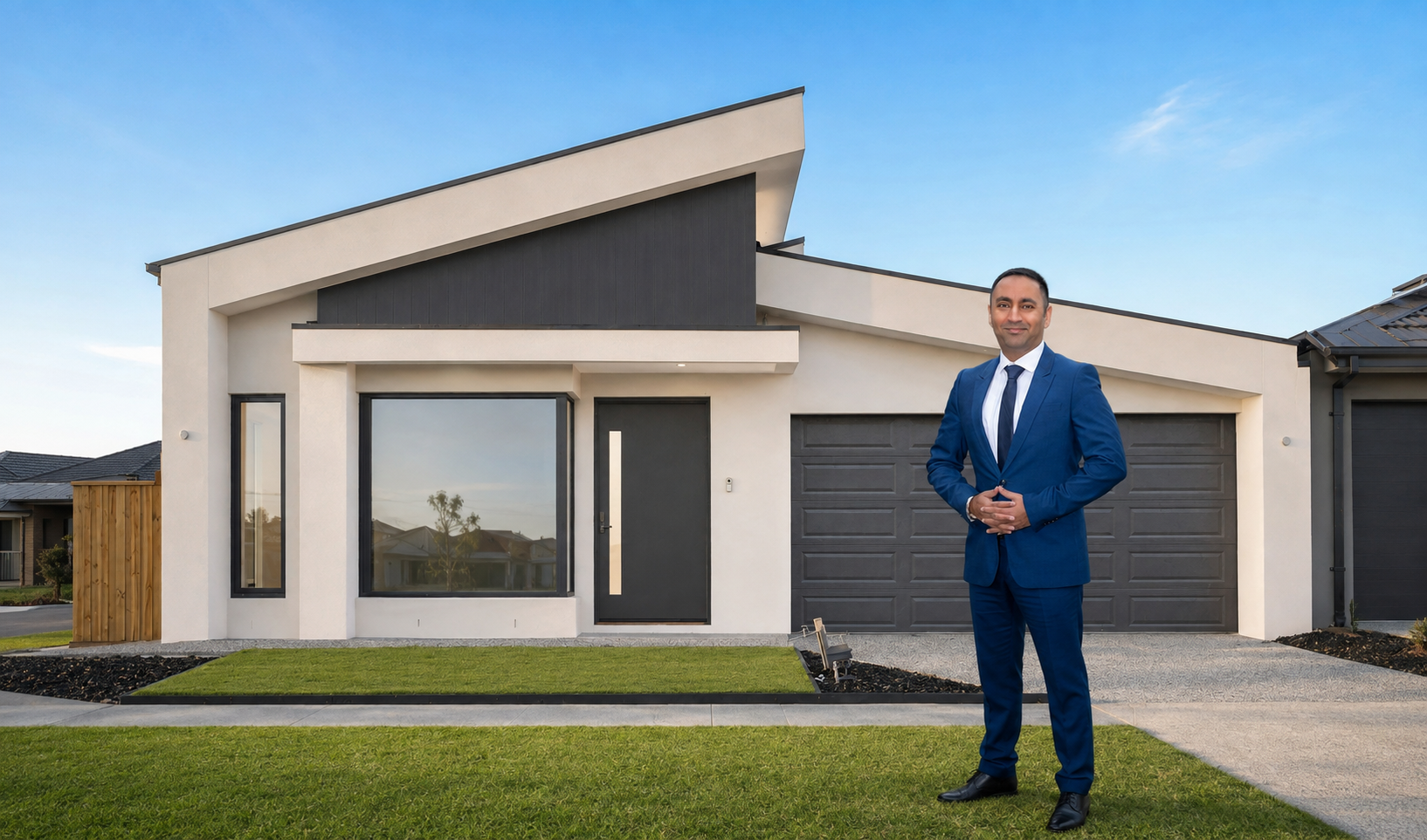 Raman Arora standing in front of 67 Aeolian Drive, Wollert