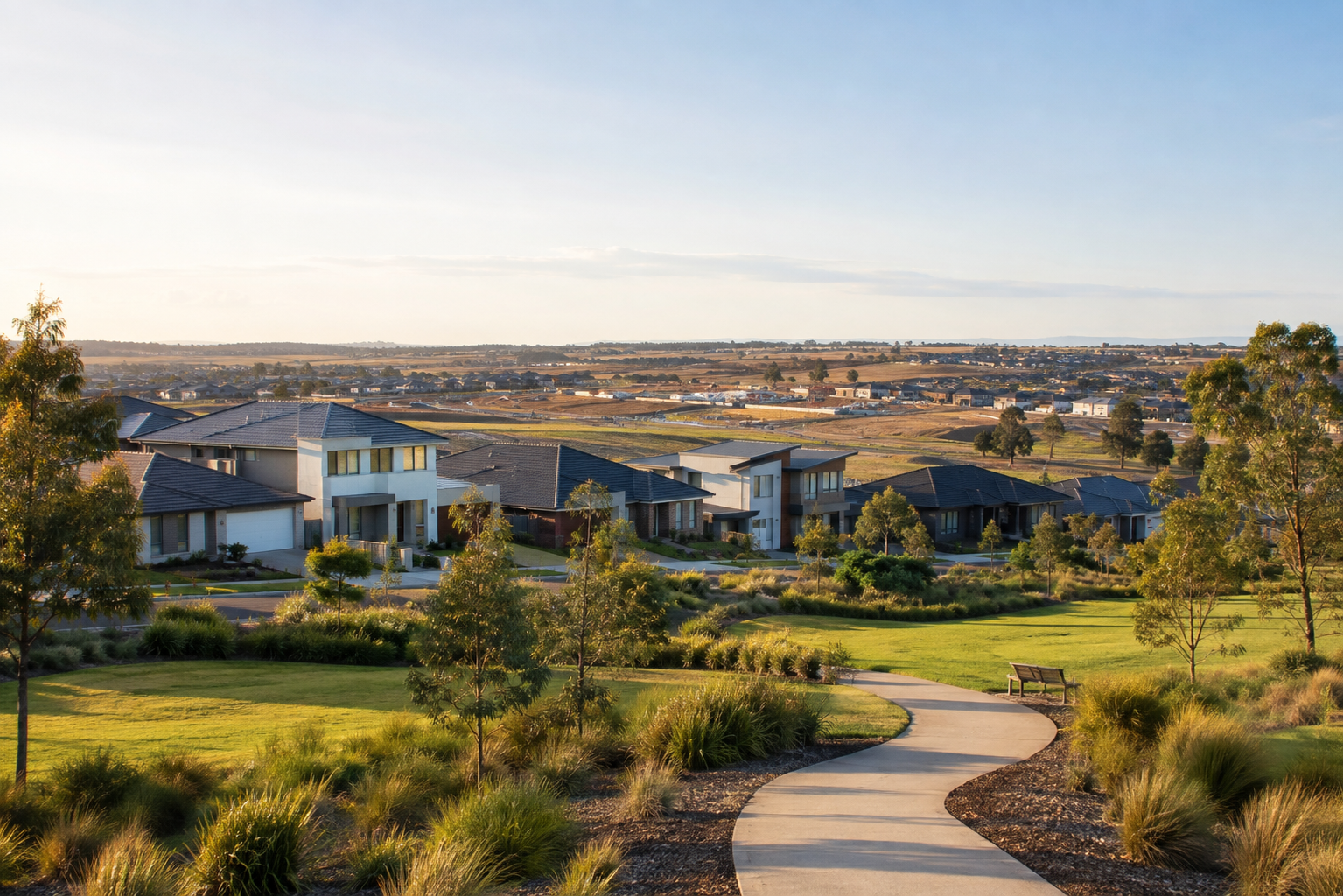 Contemporary Wollert homes overlooking landscaped parkland, a walking path and surrounding residential growth