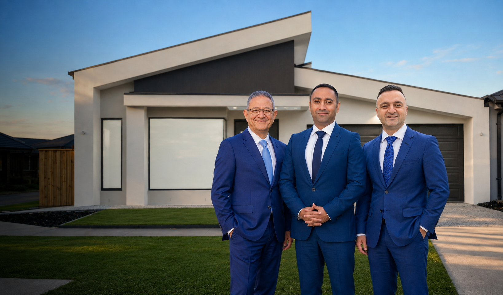 Albert Edward, Raman Arora and Chandan Singh standing in front of 67 Aeolian Drive, Wollert