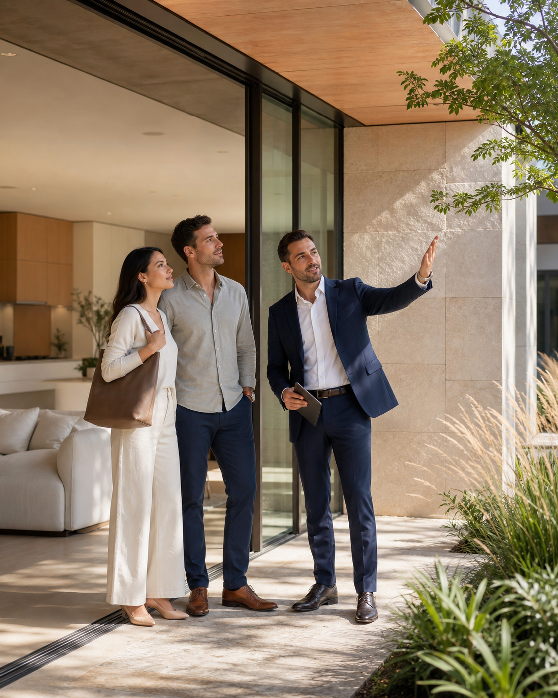A real estate agent showing an Australian couple through a modern luxury home