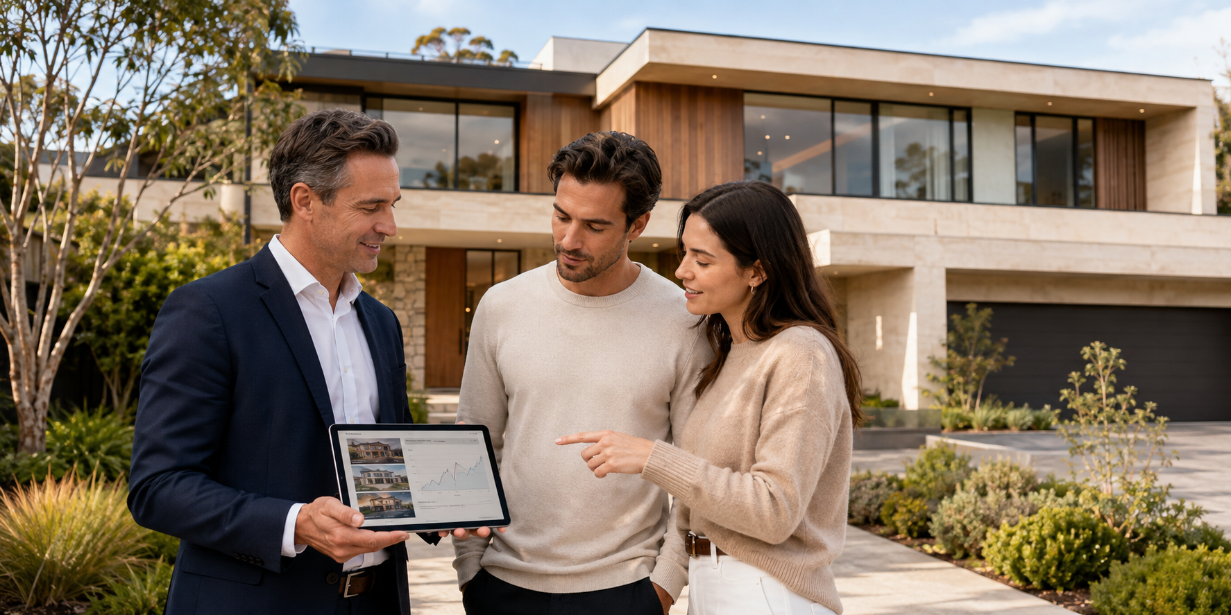 An agent and young couple reviewing comparable property sales on a tablet outside a luxury modern Melbourne-style home