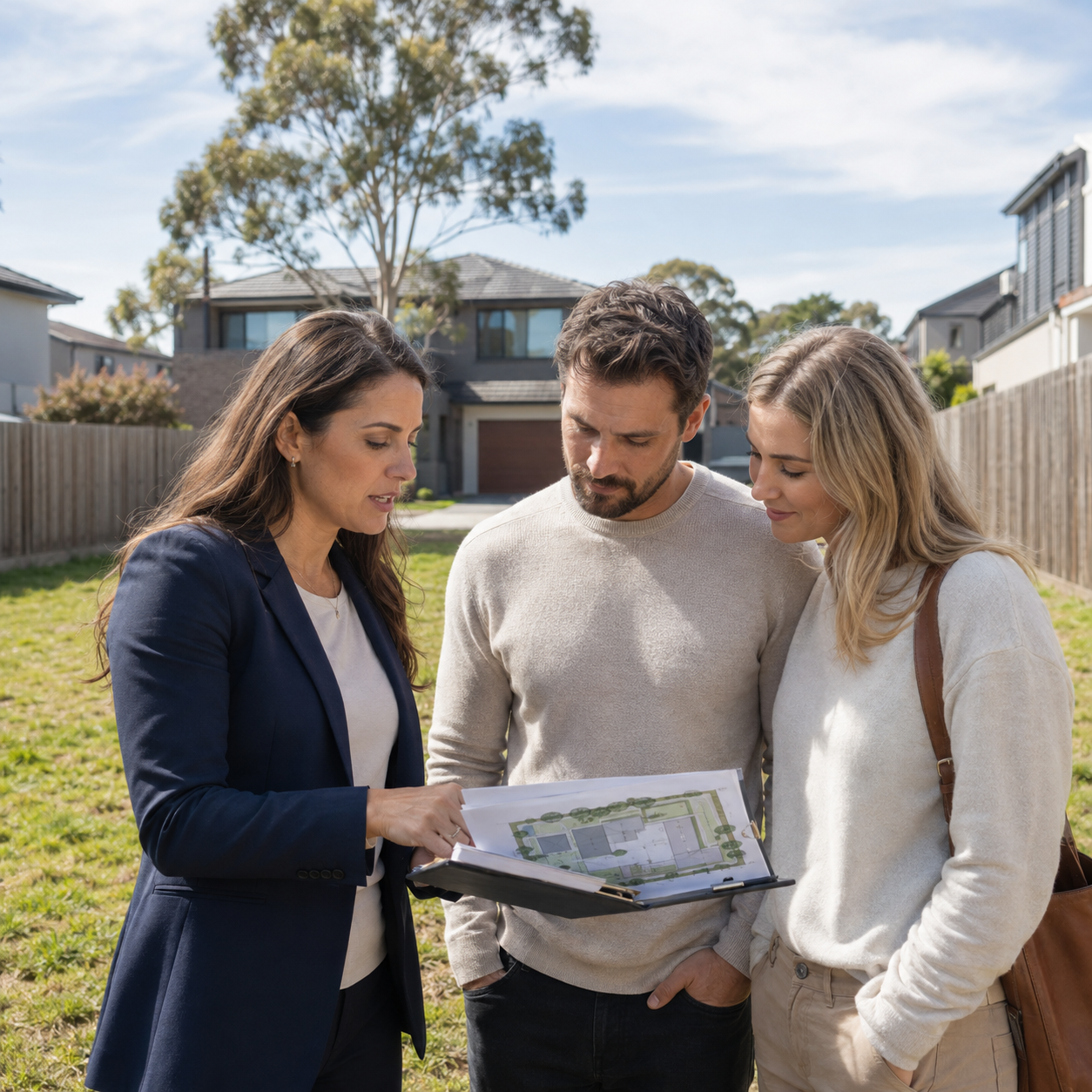 An agent and couple reviewing a site plan beside a vacant residential allotment in a Melbourne-style neighbourhood